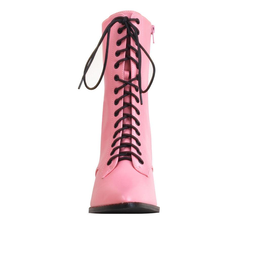 Pink coloured vegan leather women's boot with sole and lace-up front-front view