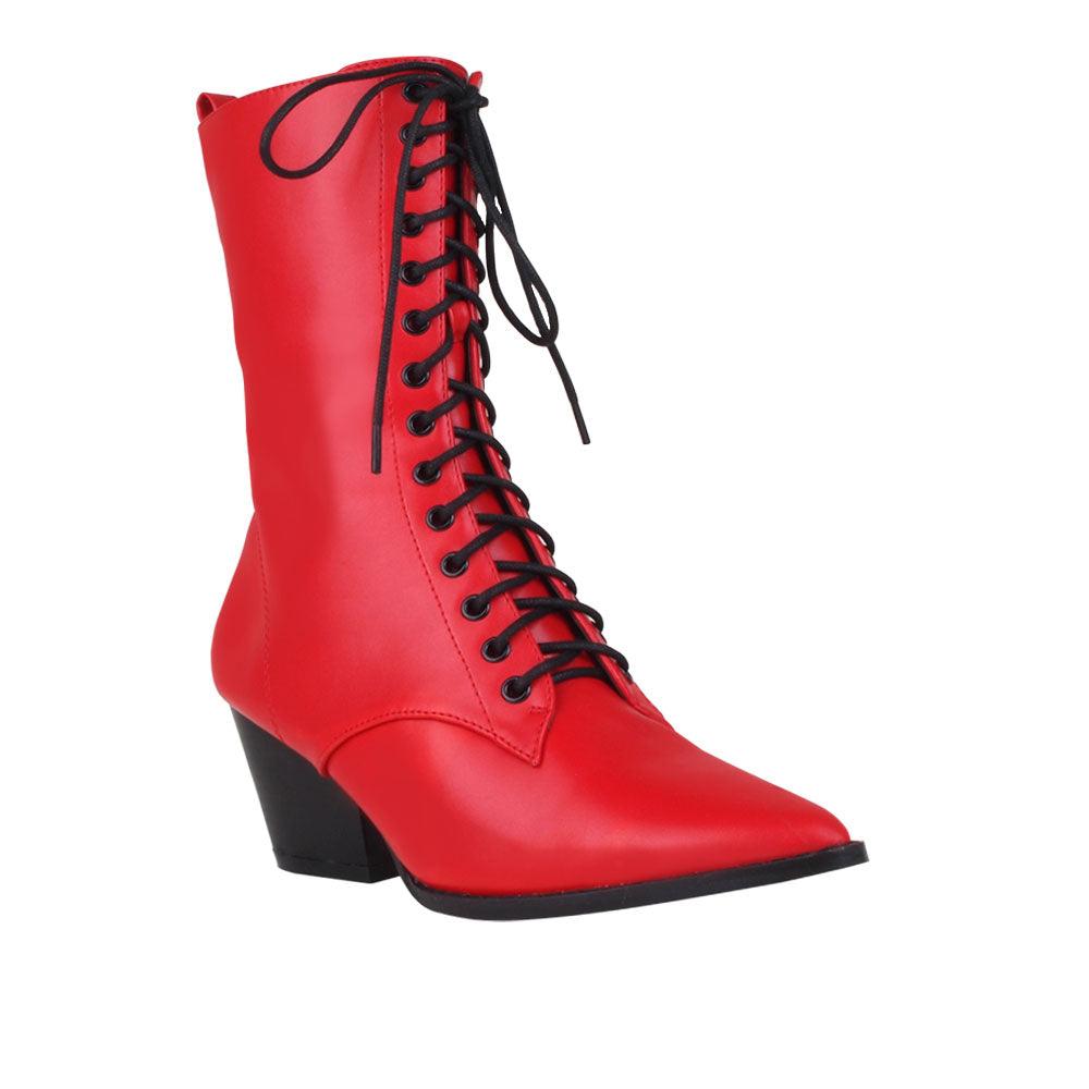 Red coloured vegan leather women's boot with sole and lace-up front-corner view