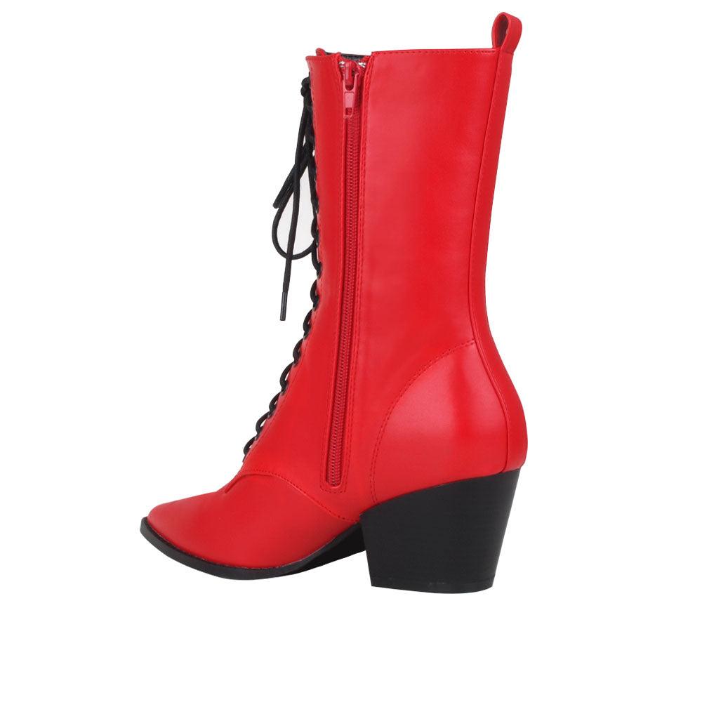 Red coloured vegan leather women's boot with sole and lace-up front-posterior view