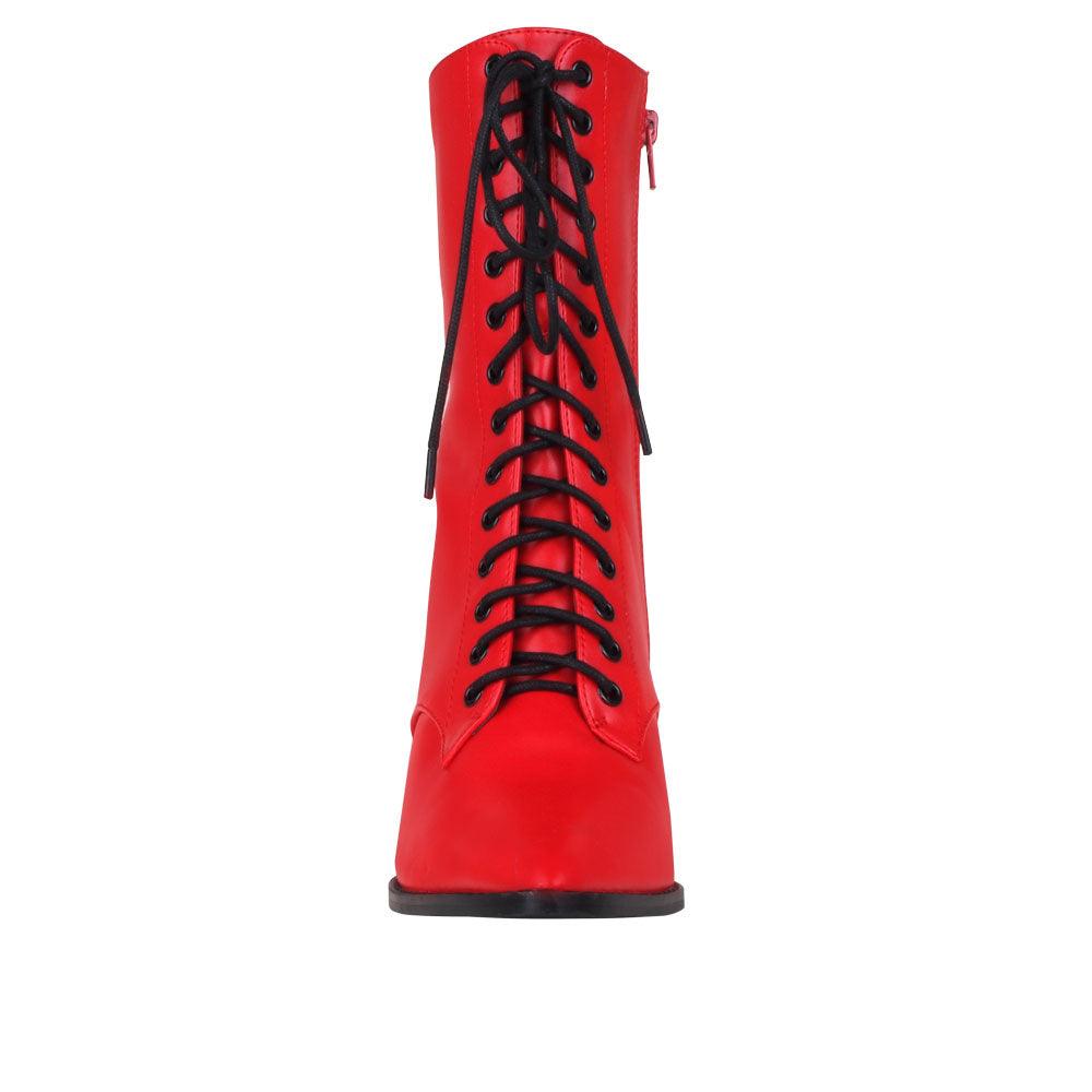 Red coloured vegan leather women's boot with sole and lace-up front-front view