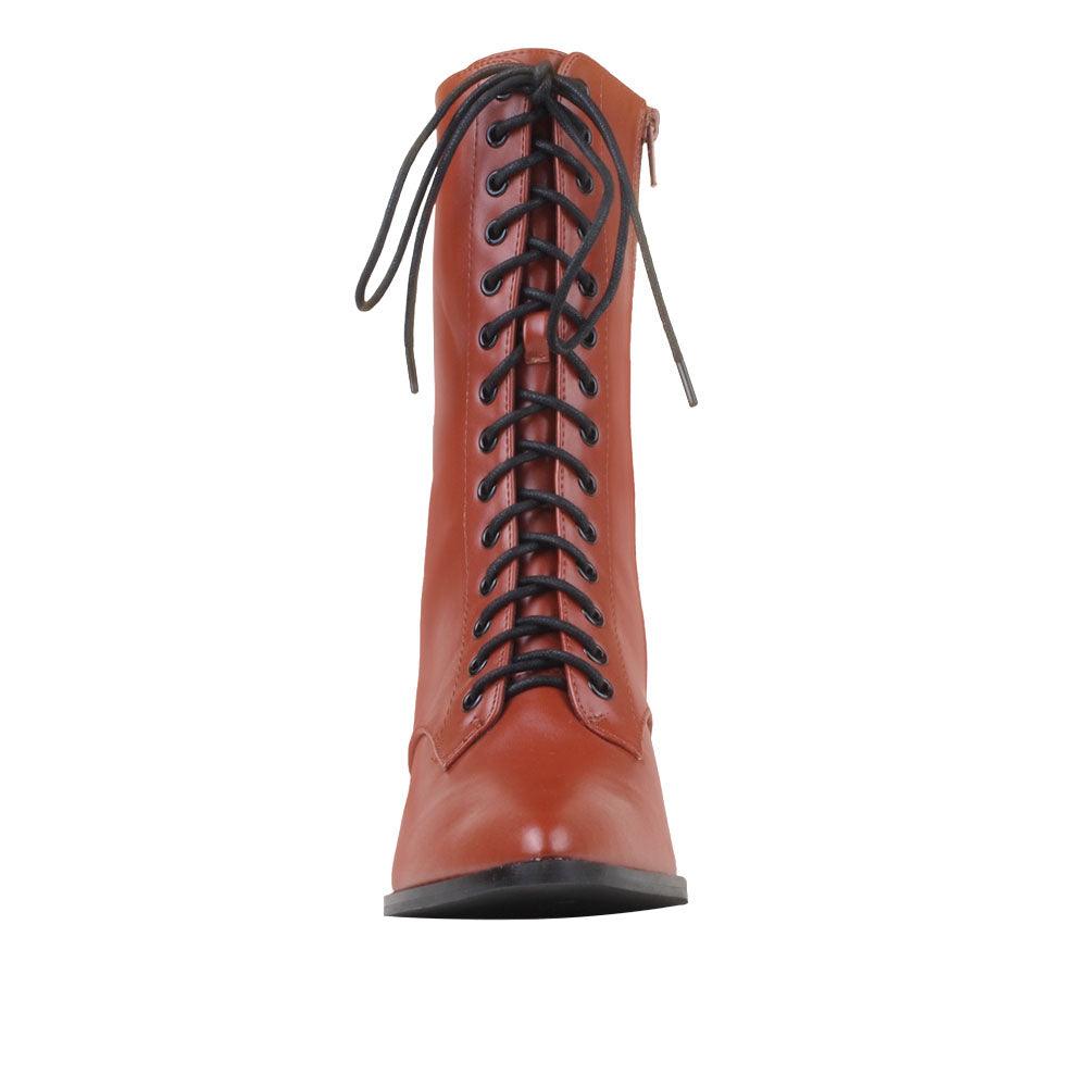 Brown coloured vegan leather women's boot with sole and lace-up front-front view