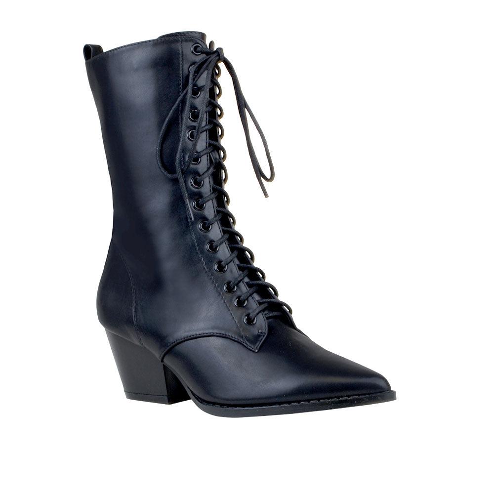 Black coloured vegan leather women's boot with sole and lace-up front-corner view