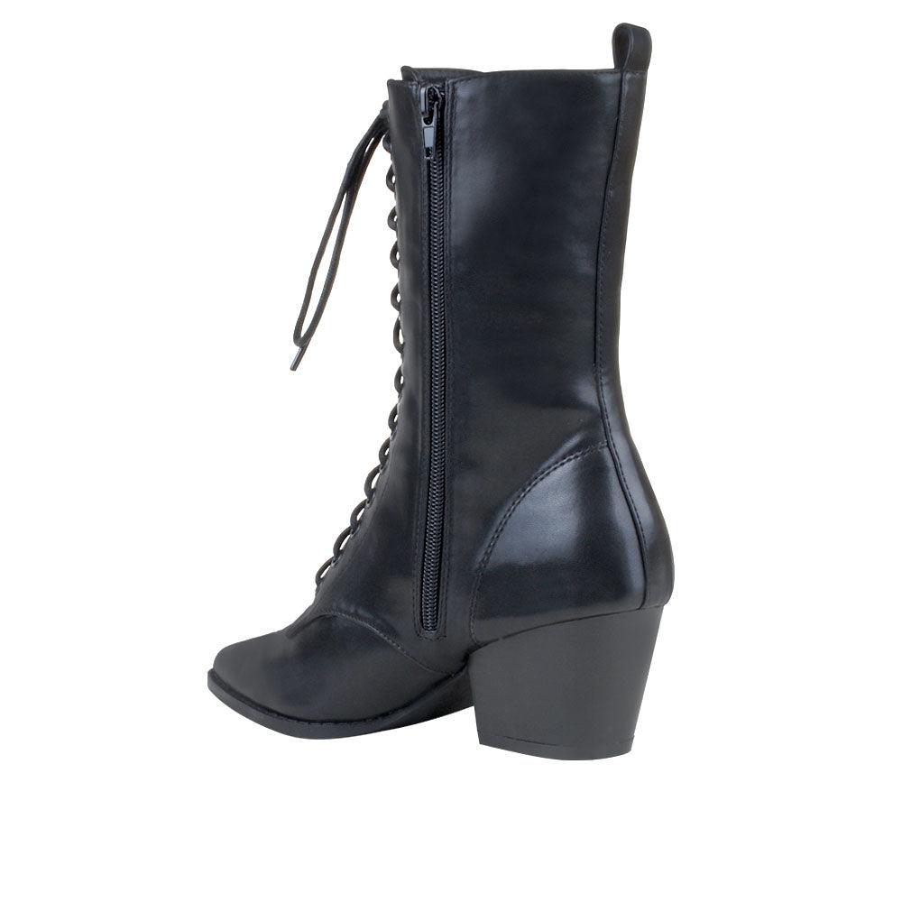 Black coloured vegan leather women's boot with sole and lace-up front-posterior view