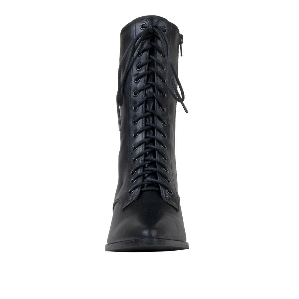 Black coloured vegan leather women's boot with sole and lace-up front-front view