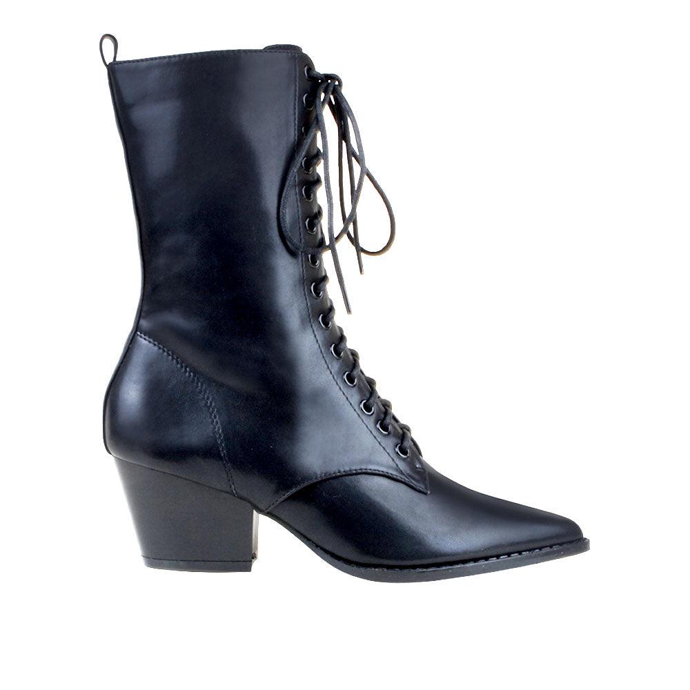 Black coloured vegan leather women's boot with sole and lace-up front-side view