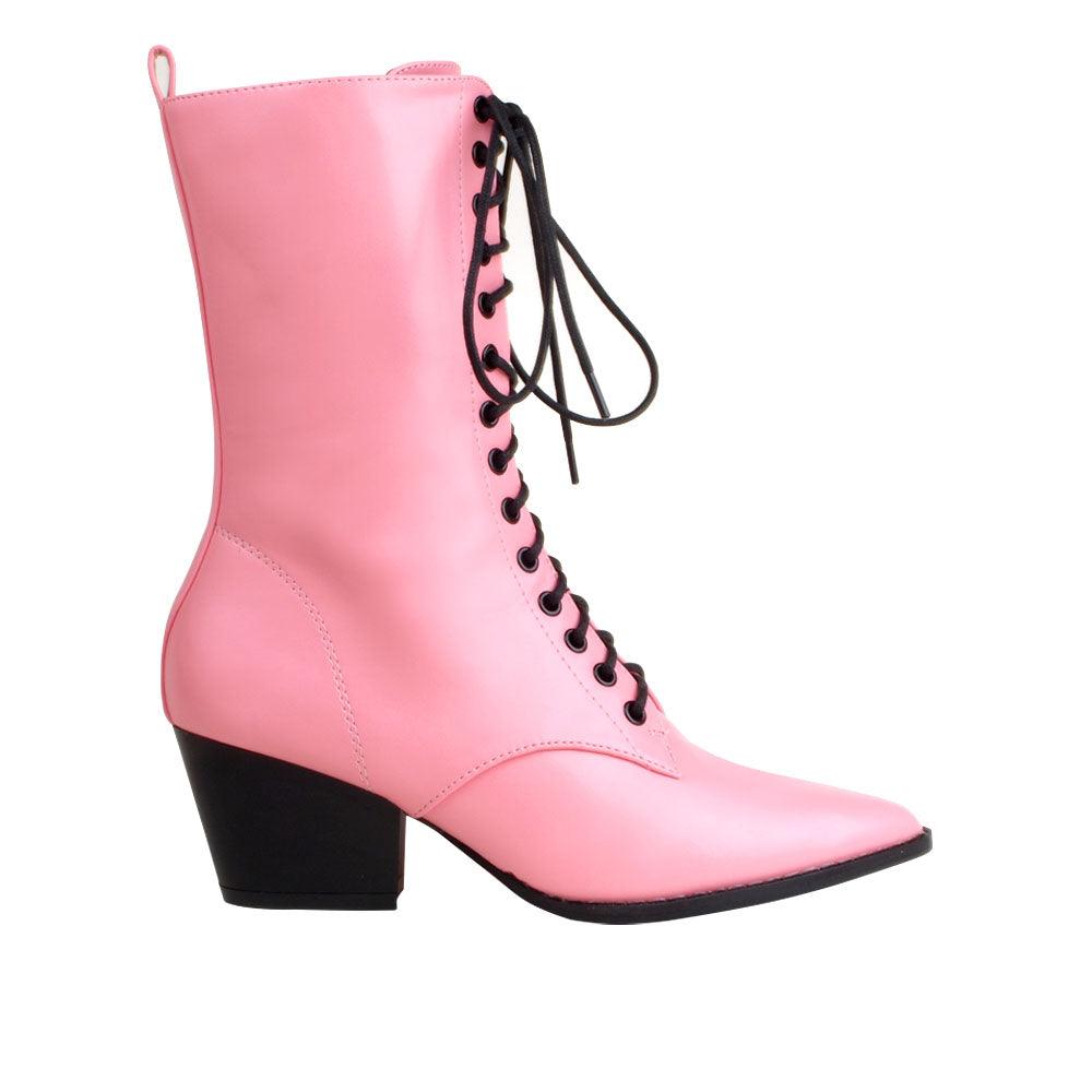 Pink coloured vegan leather women's boot with sole and lace-up front-side view