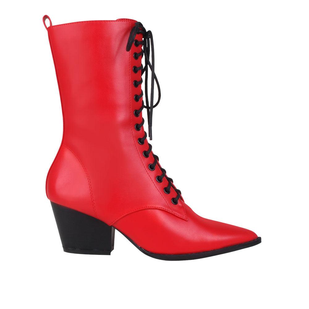 Red coloured vegan leather women's boot with sole and lace-up front-side view