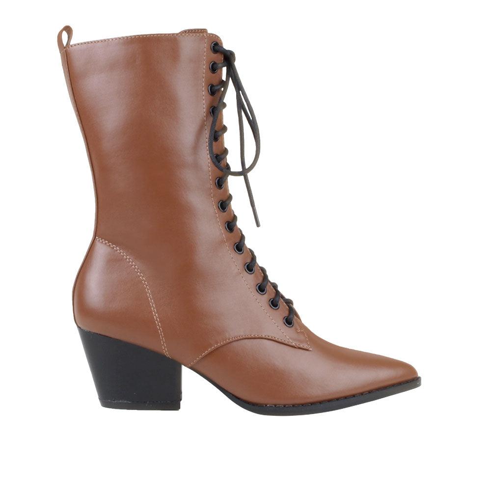 Taupe coloured vegan leather women's boot with sole and lace-up front-side view