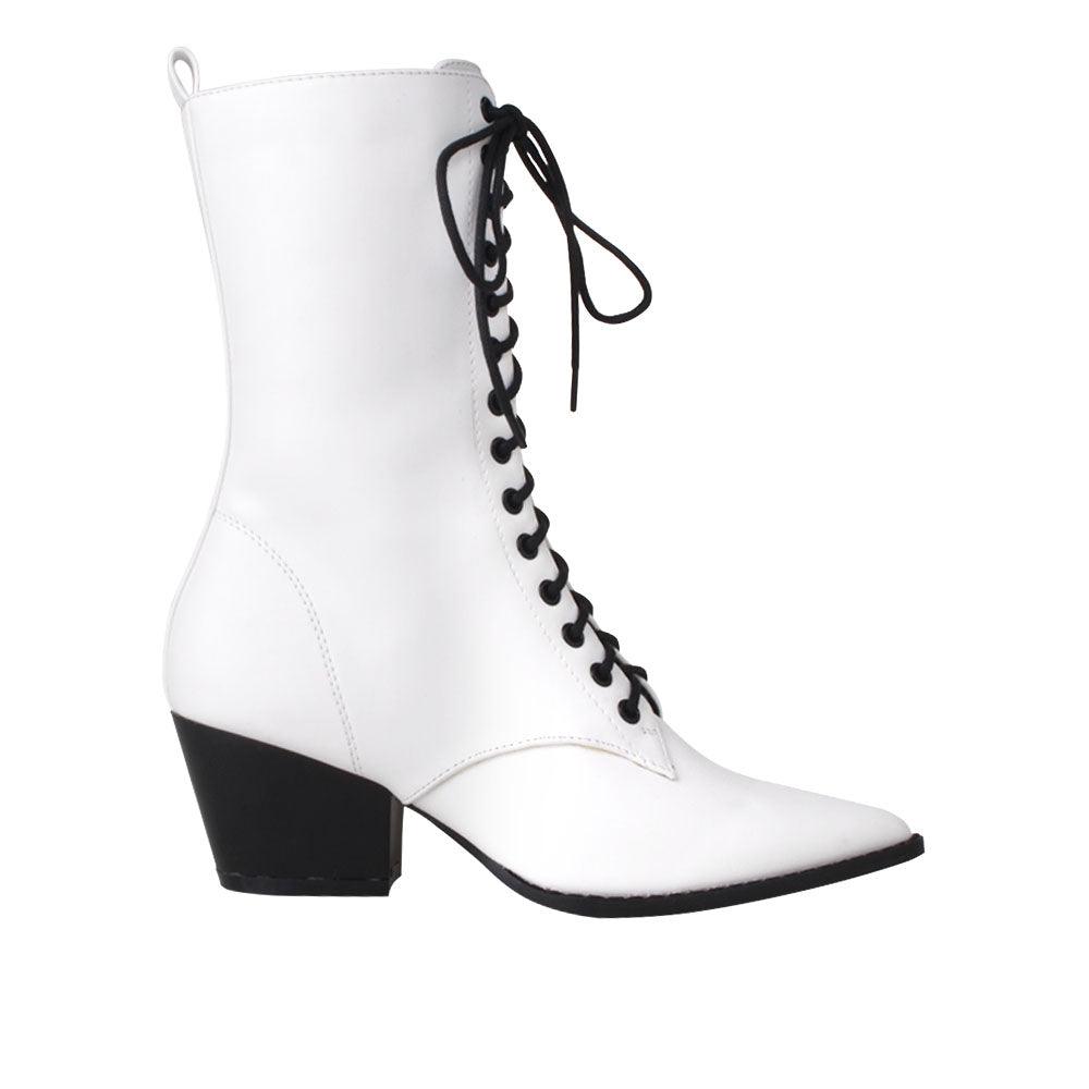 White coloured vegan leather women's boot with sole and lace-up front-side view