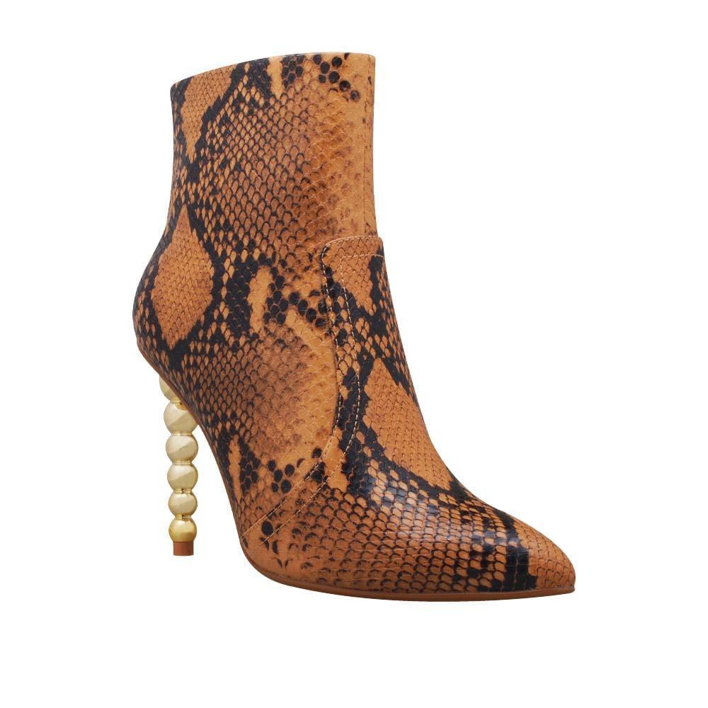 Women's leather boots with rounded sculptural heel in tan snake print-corner  view