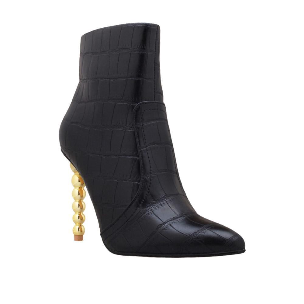 Women's eather boots with rounded sculptural heel in black-corner view