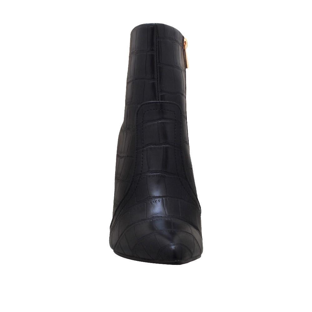 Women's eather boots with rounded sculptural heel in black-front view