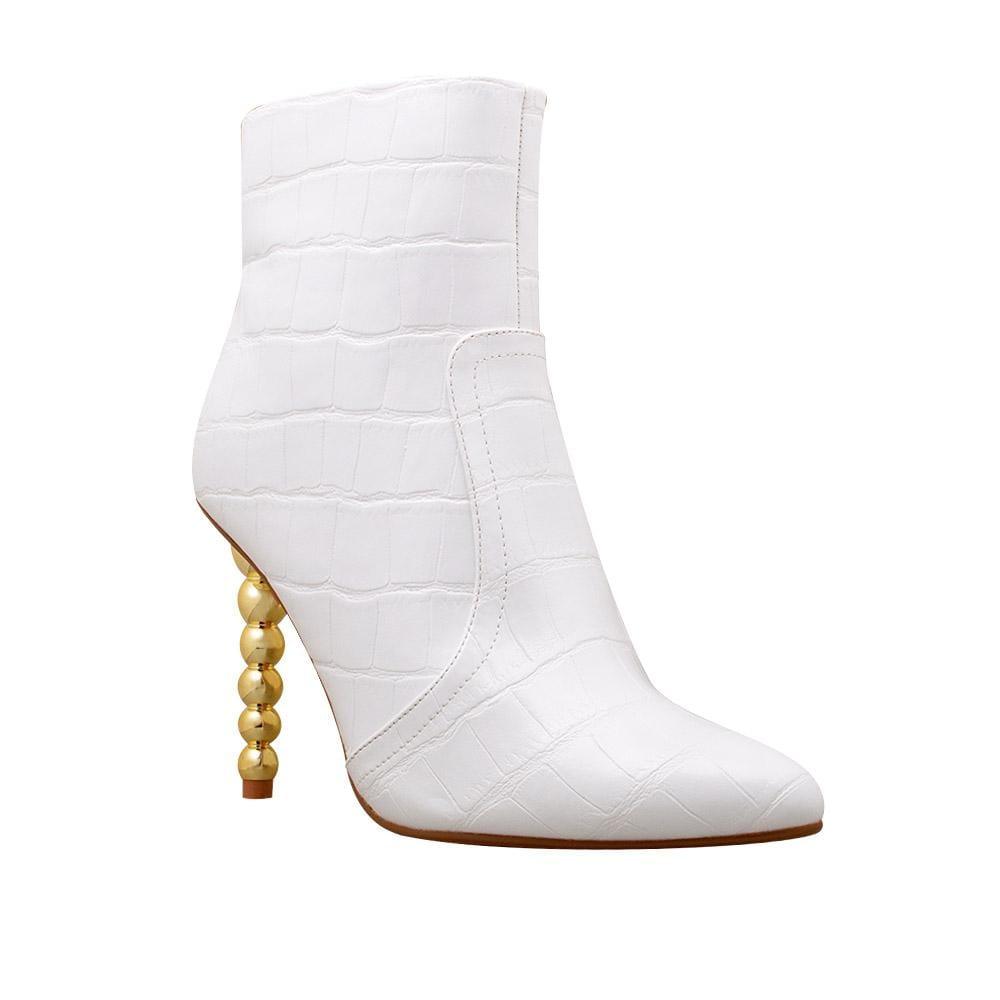 Women's leather boots with rounded sculptural heel in white-corner view