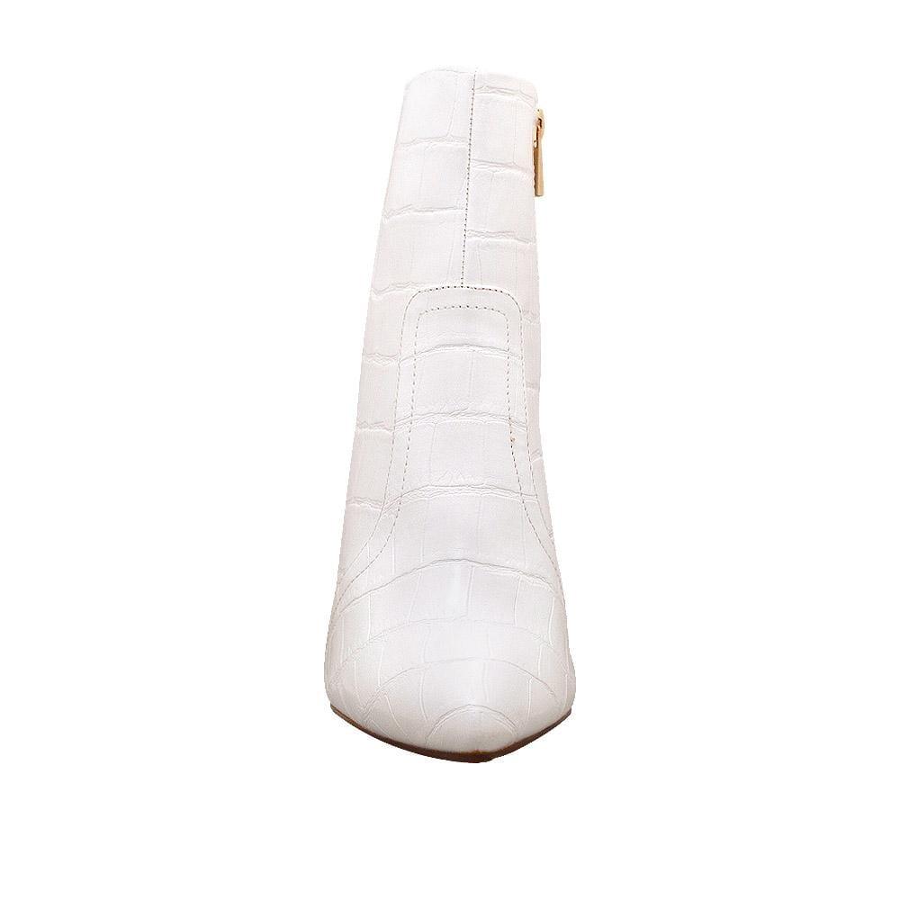 Women's leather boots with rounded sculptural heel in white-front view