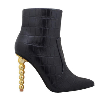 Women's eather boots with rounded sculptural heel in black-side view