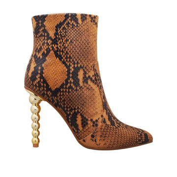 Women's leather boots with rounded sculptural heel in tan snake print-side view