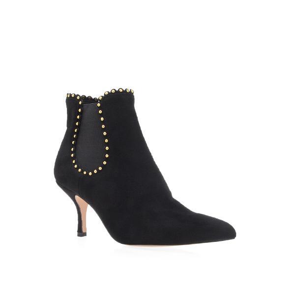 Vegan suede upper women's ankle boots with heel in black-corner view