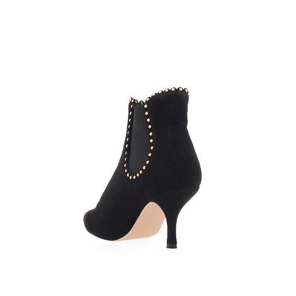 Vegan suede upper women's ankle boots with heel in black-posterior view