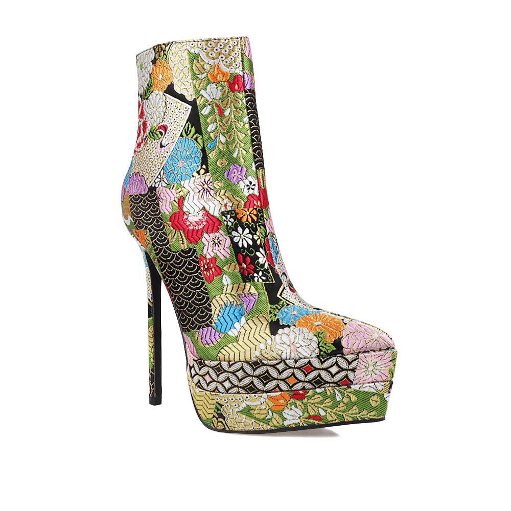 Stiletto women heel with black floral motive and vegan suede-corner view