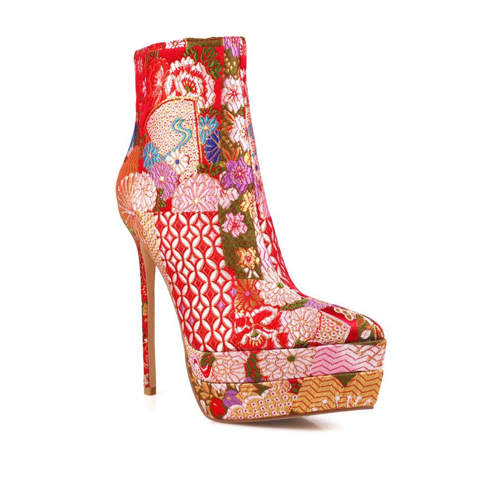 Stiletto women heel with floral motive and vegan suede in red-corner view