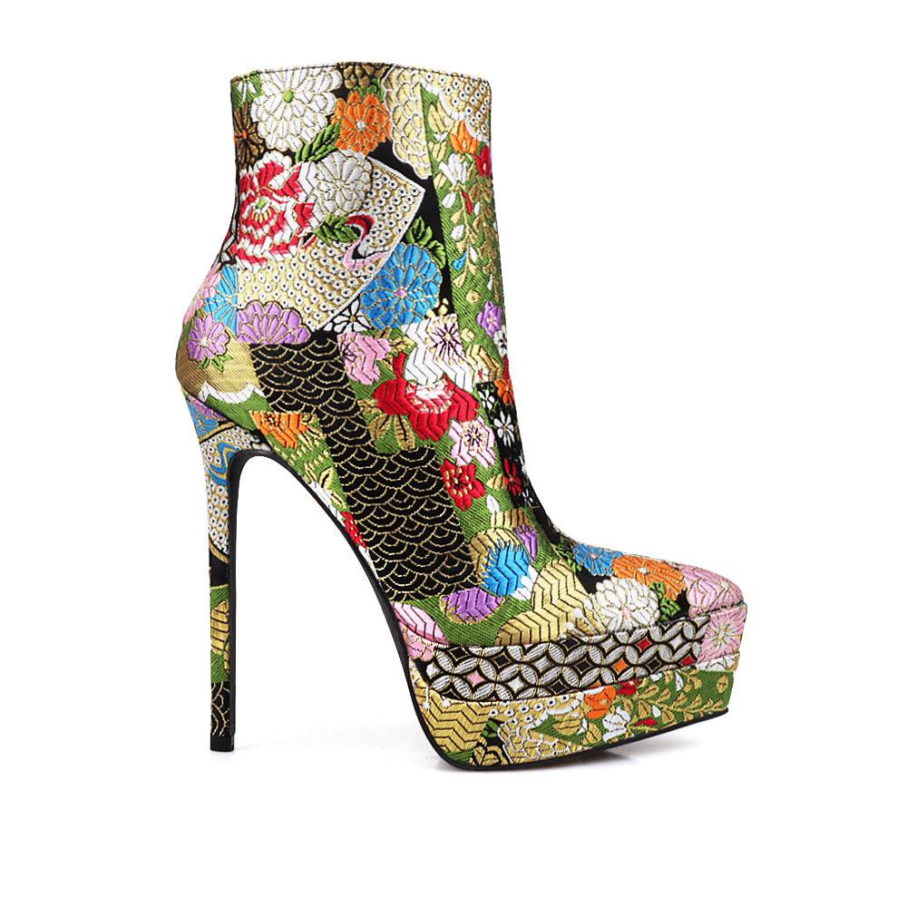 Stiletto women heel with black floral motive and vegan suede-side view