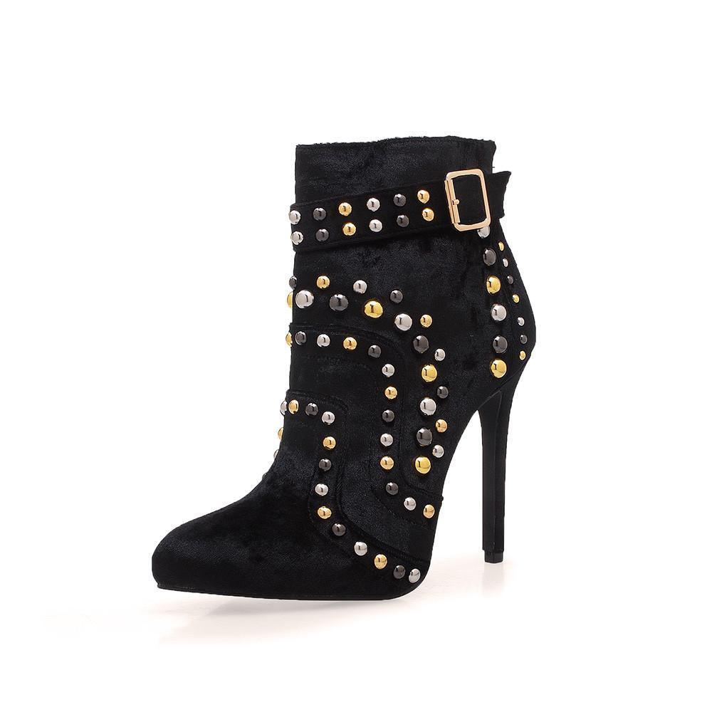 Black velvet stiletto heels with stud embellishments and gold buckle for women-corner view