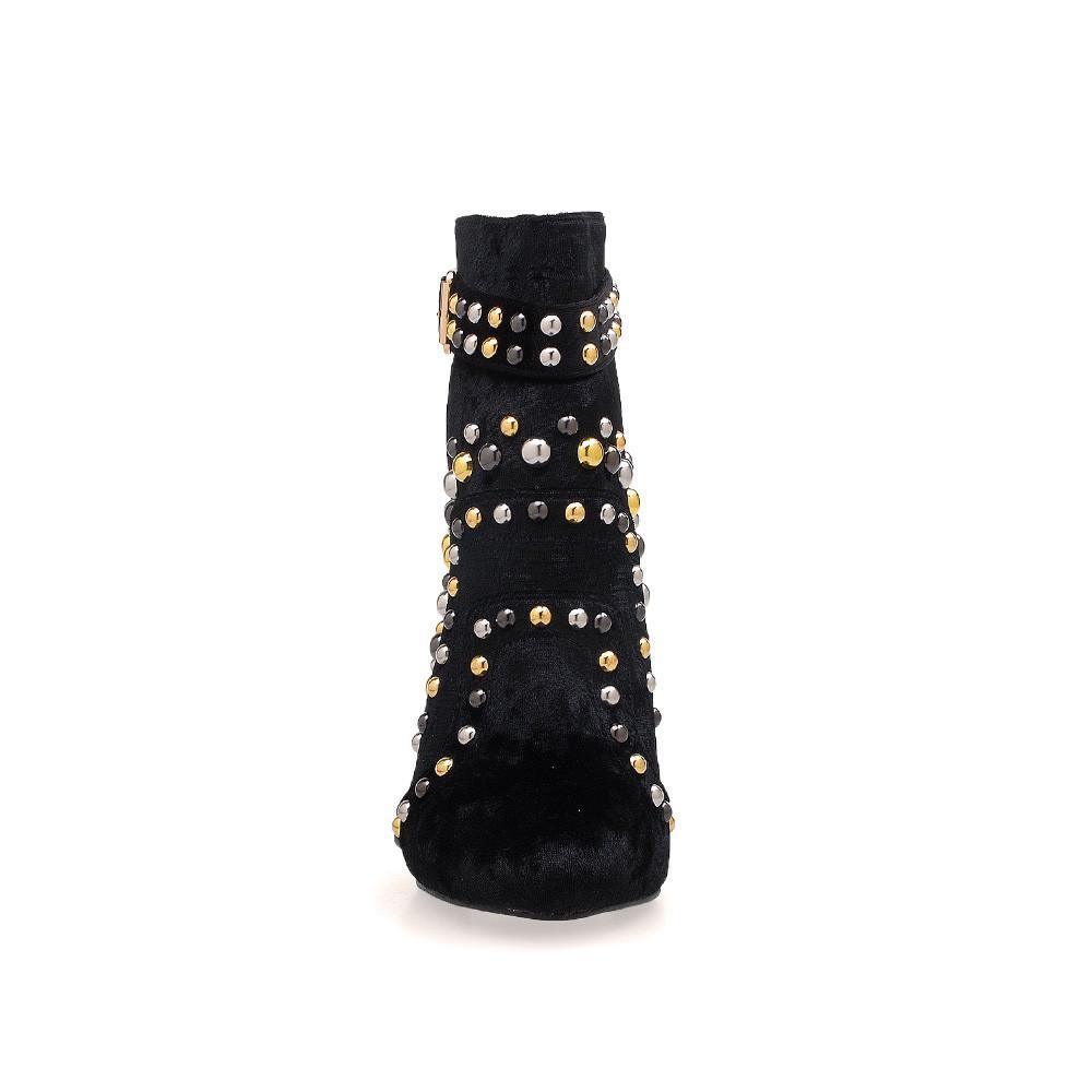 Black velvet stiletto heels with stud embellishments and gold buckle for women-posterior view