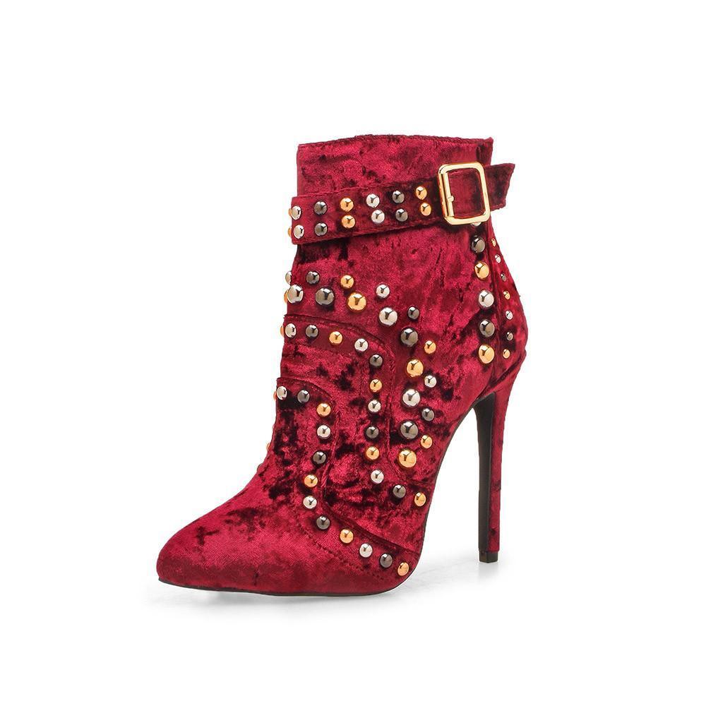 Wine velvet stiletto heels with stud embellishments and gold buckle for women-corner view