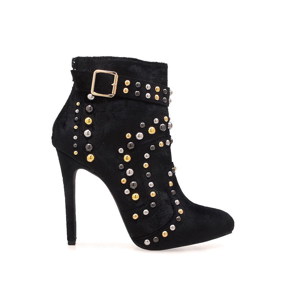 Black velvet stiletto heels with stud embellishments and gold buckle for women-side view