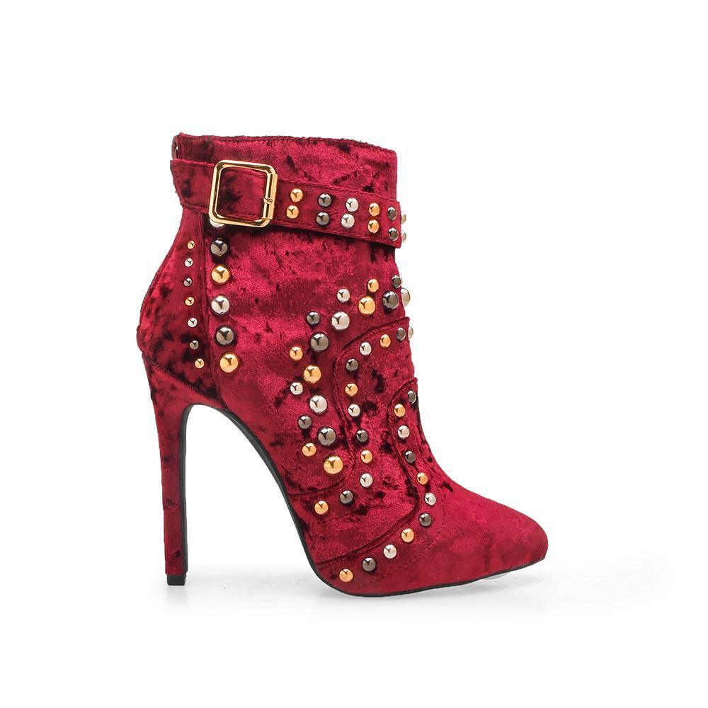 Wine velvet stiletto heels with stud embellishments and gold buckle for women-side view