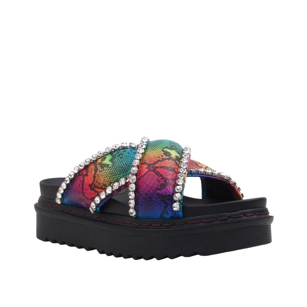 Women's black flat slippers with a multi-colored upper and rhinestone embellishment.-corner view