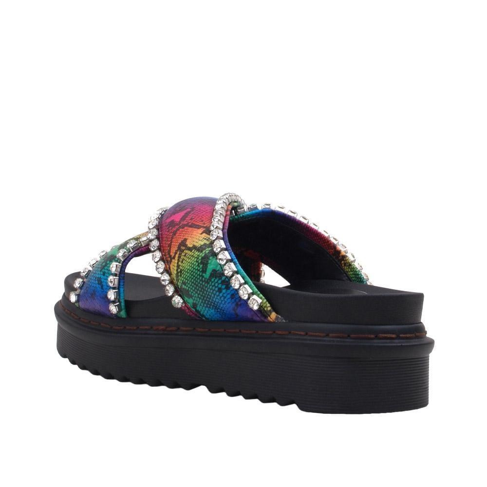 Women's black flat slippers with a multi-colored upper and rhinestone embellishment.-posterior view