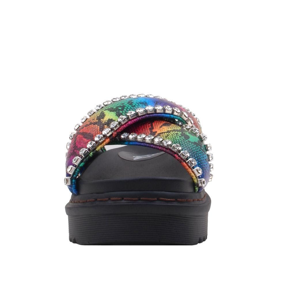 Women's black flat slippers with a multi-colored upper and rhinestone embellishment.-front view