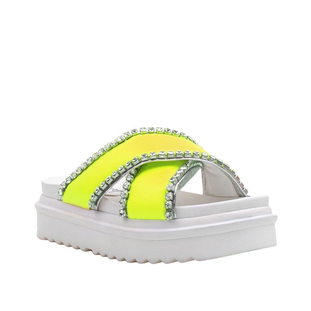 Women's white flat slippers with a neon yellow upper and rhinestone embellishment-corner view