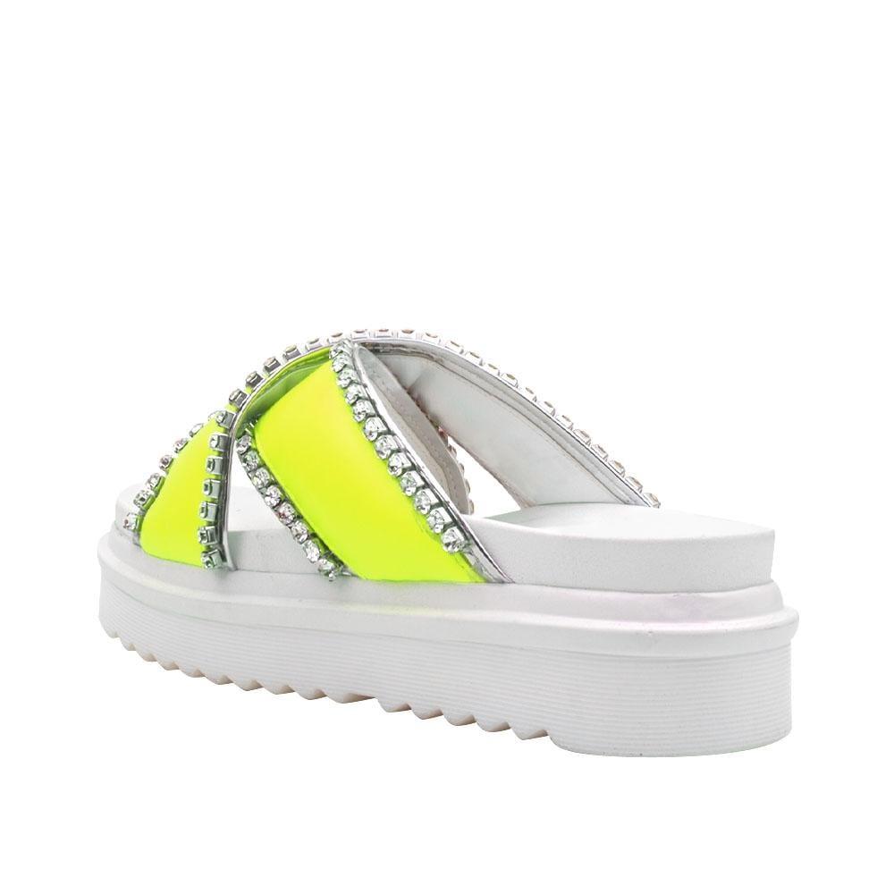 Women's white flat slippers with a neon yellow upper and rhinestone embellishment-posterior view