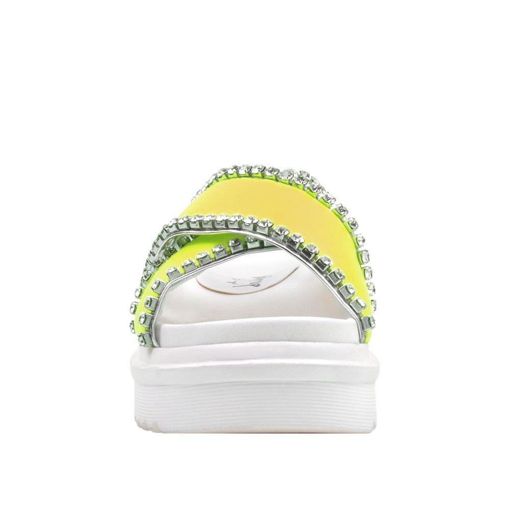 Women's white flat slippers with a neon yellow upper and rhinestone embellishment-front view