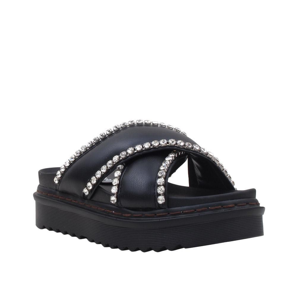 Black-colored women's flats slippers with crossed rhinestones embellishment upper-corner view