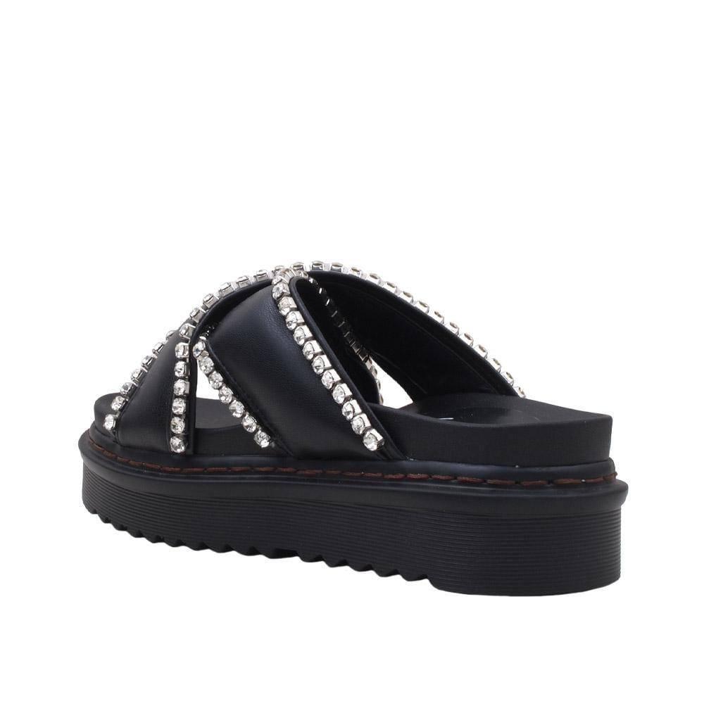 Black-colored women's flats slippers with crossed rhinestones embellishment upper-posterior view