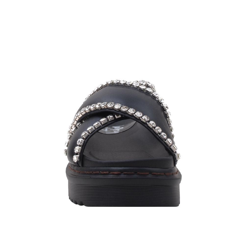 Black-colored women's flats slippers with crossed rhinestones embellishment upper-front view