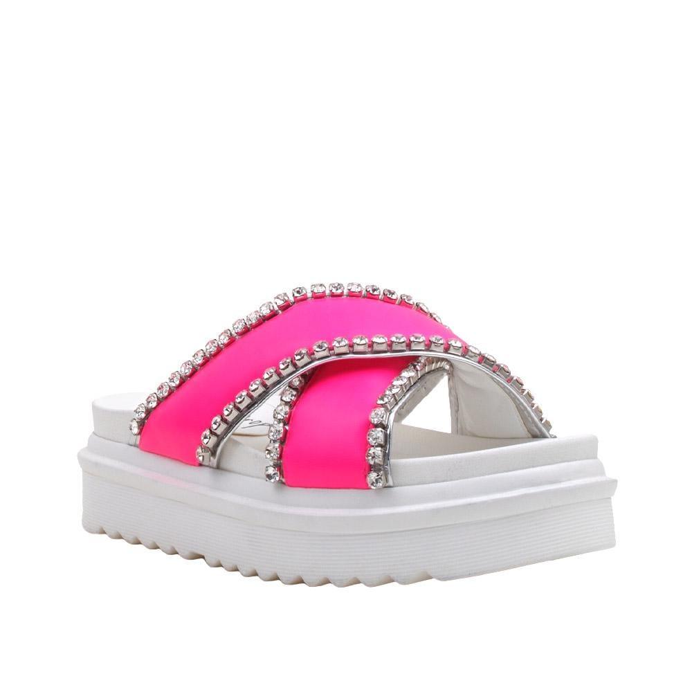 White women's flat slippers with pink upper and crossed rhinestones embellishment-corner view