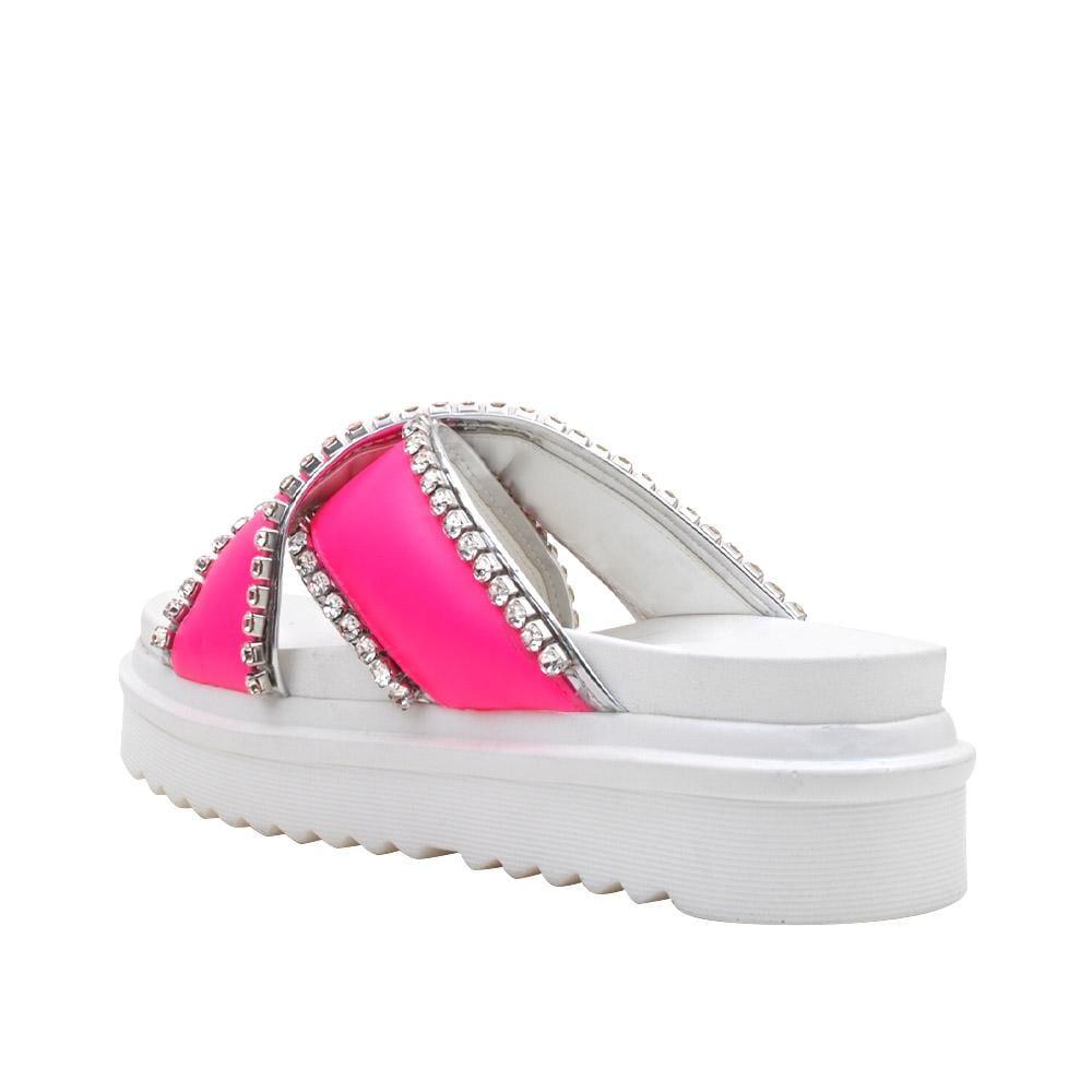 White women's flat slippers with pink upper and crossed rhinestones embellishment-posterior view