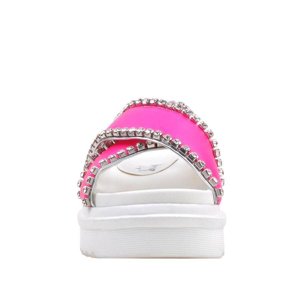 White women's flat slippers with pink upper and crossed rhinestones embellishment-front view