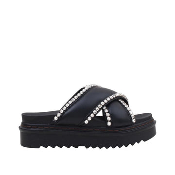 Black-colored women's flats slippers with crossed rhinestones embellishment upper-side view