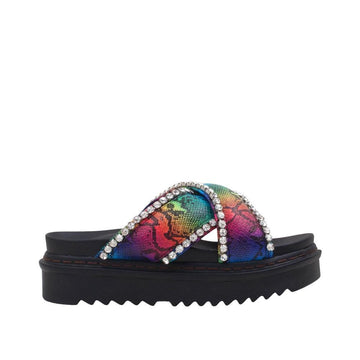 Women's black flat slippers with a multi-colored upper and rhinestone embellishment.-side view