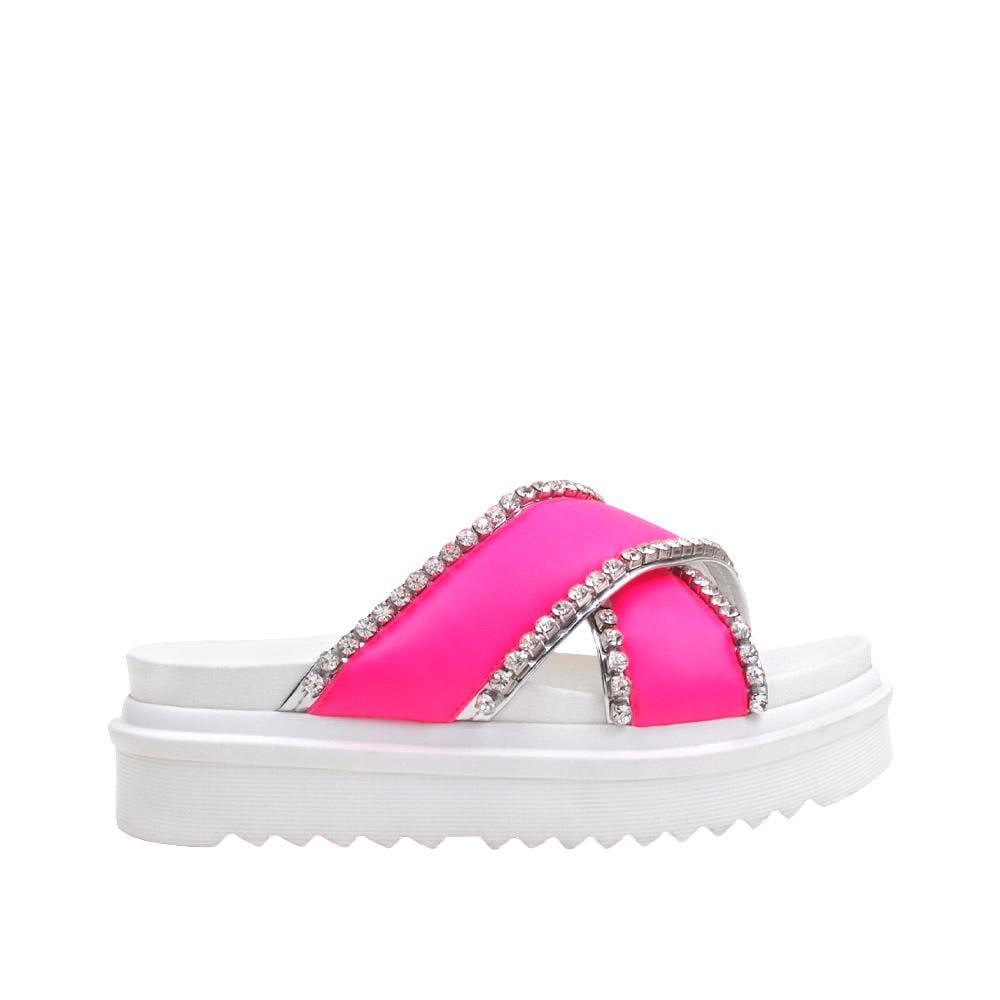 White women's flat slippers with pink upper and crossed rhinestones embellishment-side view