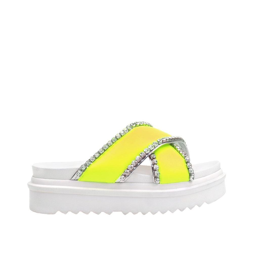 Women's white flat slippers with a neon yellow upper and rhinestone embellishment-side view