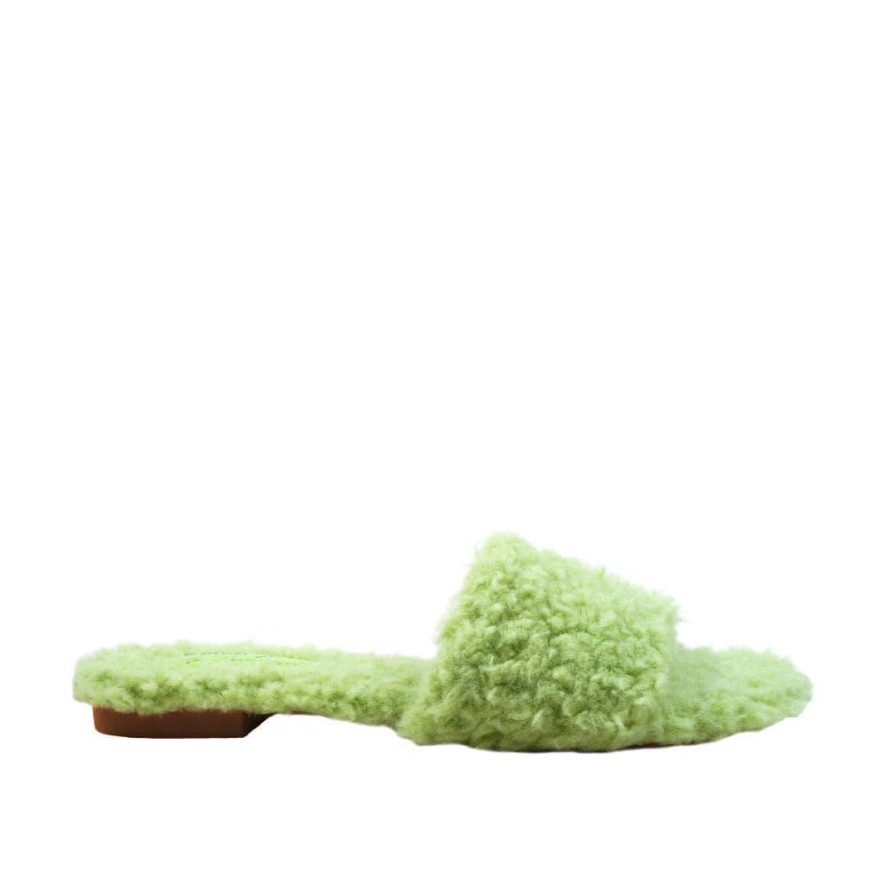 Women's green colored flats with shearling uppers-side view