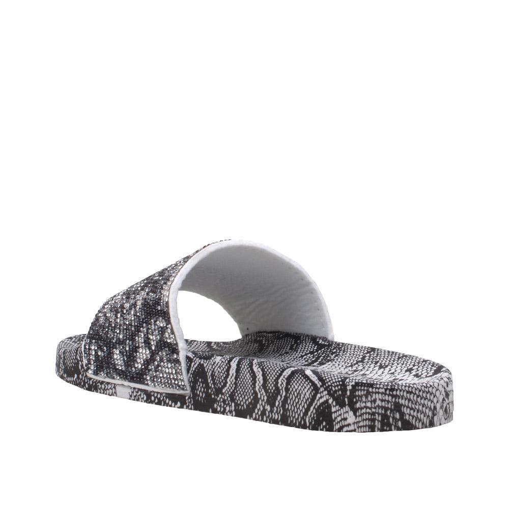 black women's flat slippers with black and white snake print-posterior view