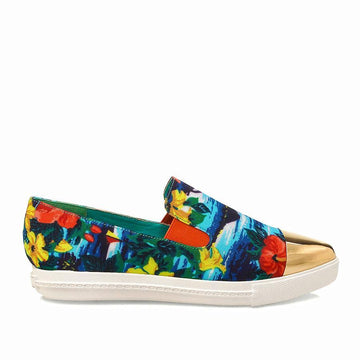 flat women's shoes with gold tip and teal floral print