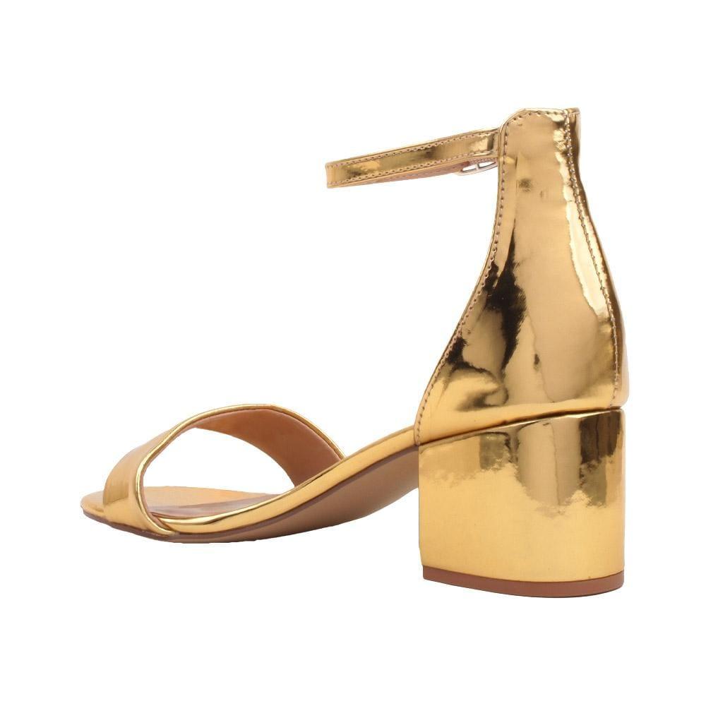 Metallic golden-colored flat heels with ankle buckle strap and open toe-posterior view